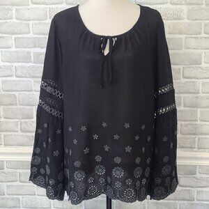 Indigo Soul Black Eyelet Bell Sleeve Blouse Long Sleeve Plus 2X Whimseygoth